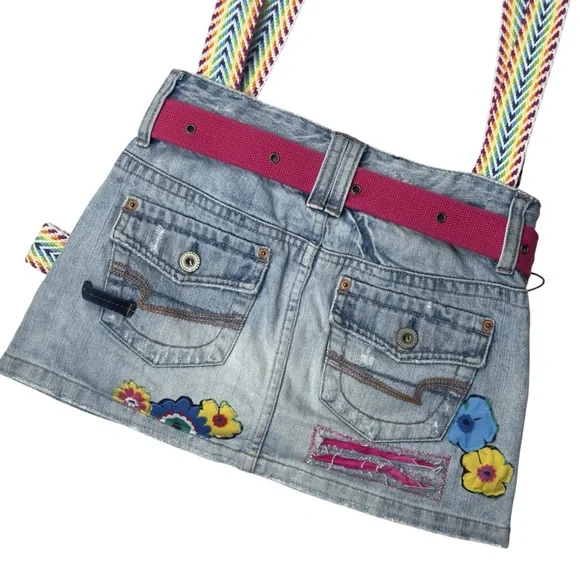 Handmade Upcycled Denim Floral Patch Mini Skirt Rainbow Strap Shoulder Bag - Picture 5 of 13